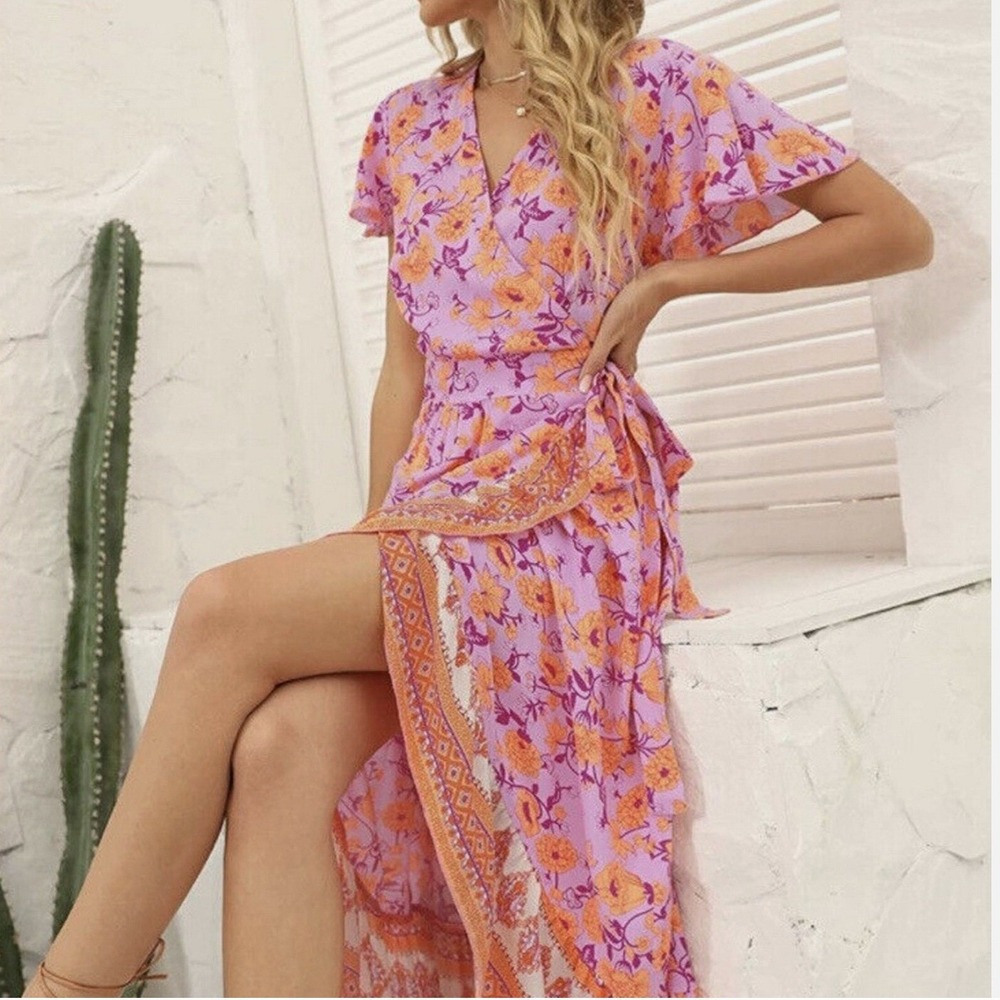 Zesica Pink Orange Floral Boho Wrap Maxi Dress XL Short Sleeve Ruffle Hem Summer